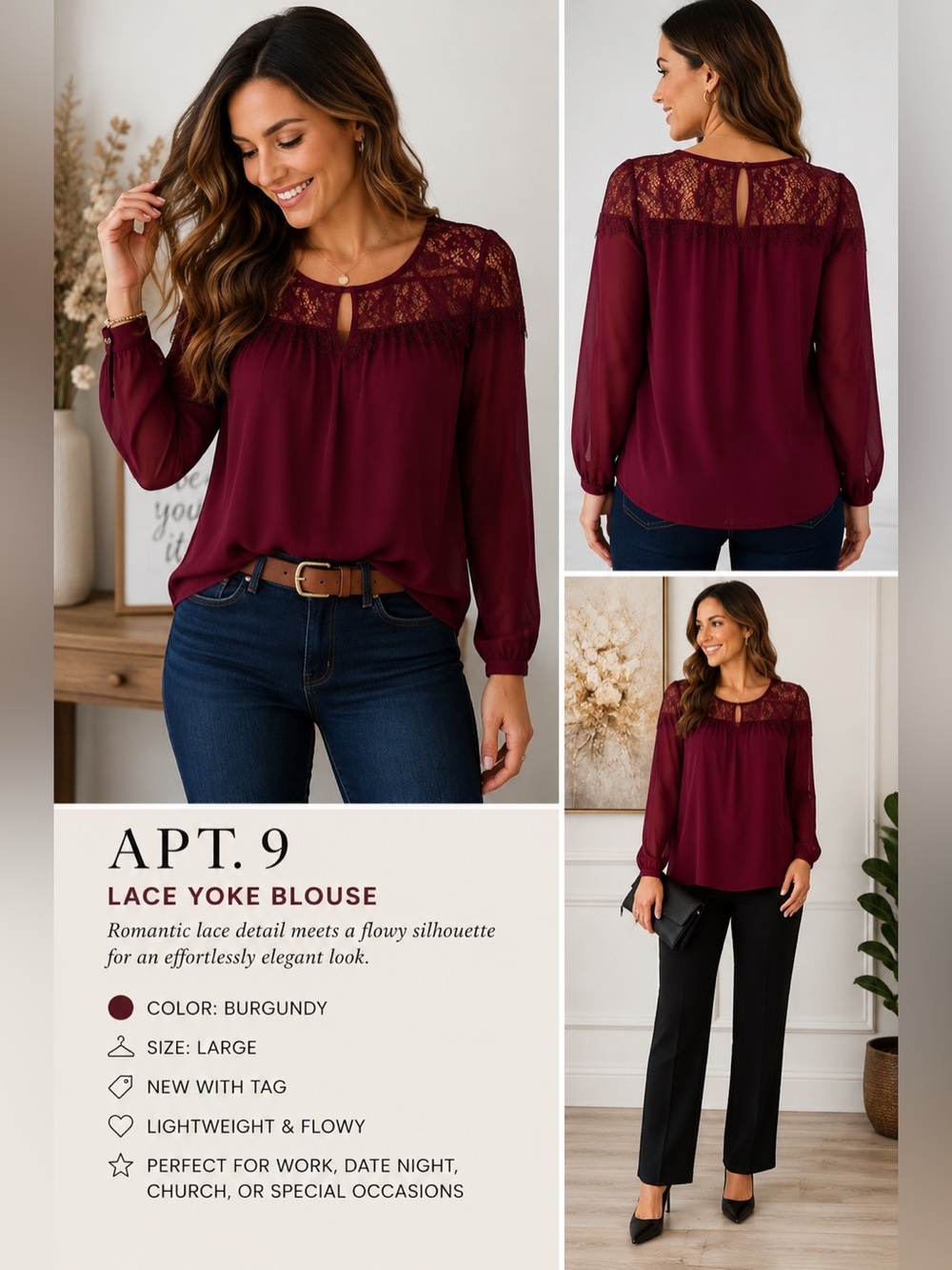 APT. 9 Burgundy Lace Yoke Sheer Long Sleeve Blouse Size Large